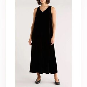 Eileen Fisher Black Silk Blend V Neck Sleeveless Long Dress NEW